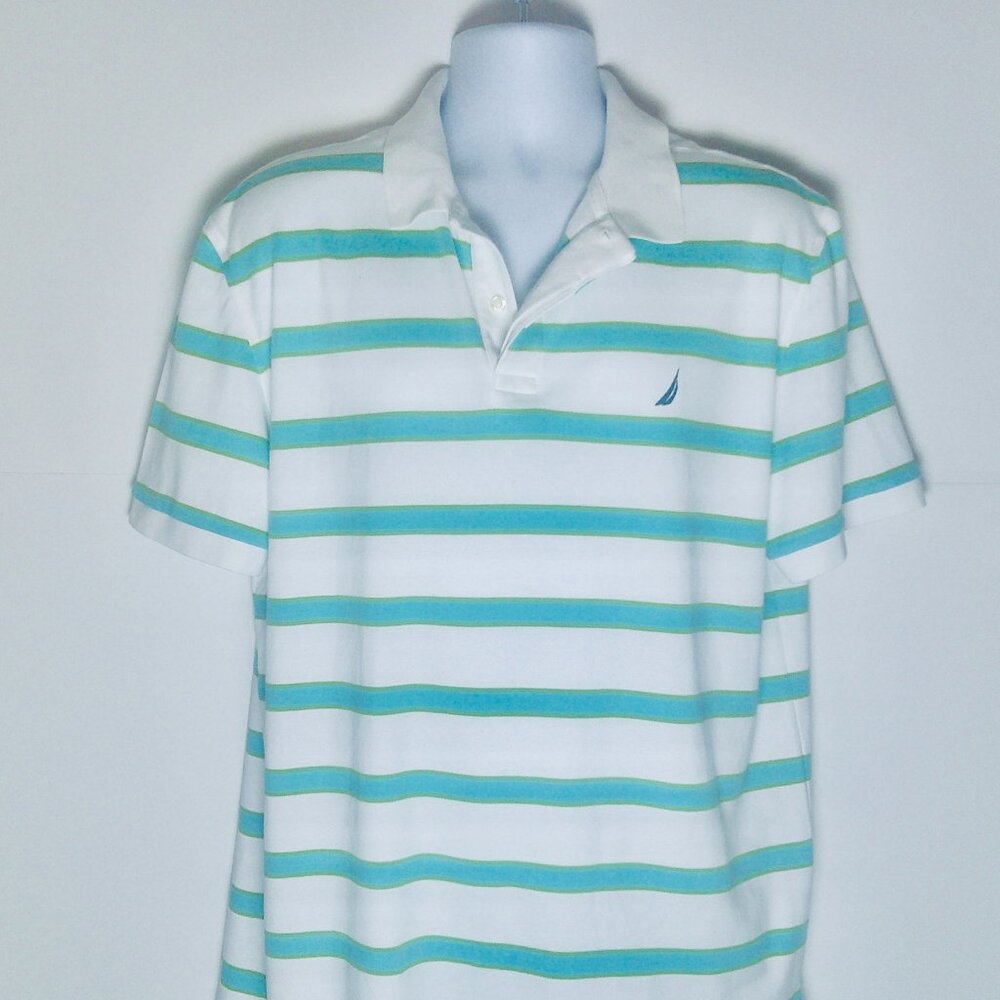 NAUTICA MENS WHITE W/AQUA BLUE & GREEN STRIPED SHORT SLEEVE POLO SHIRT SIZE XL